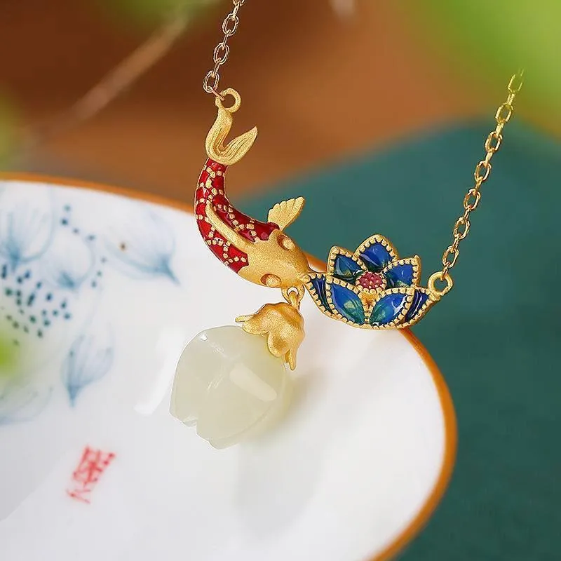 Natural hotan jade necklaces enamel fish-shaped lotus ancient gold craft pendant