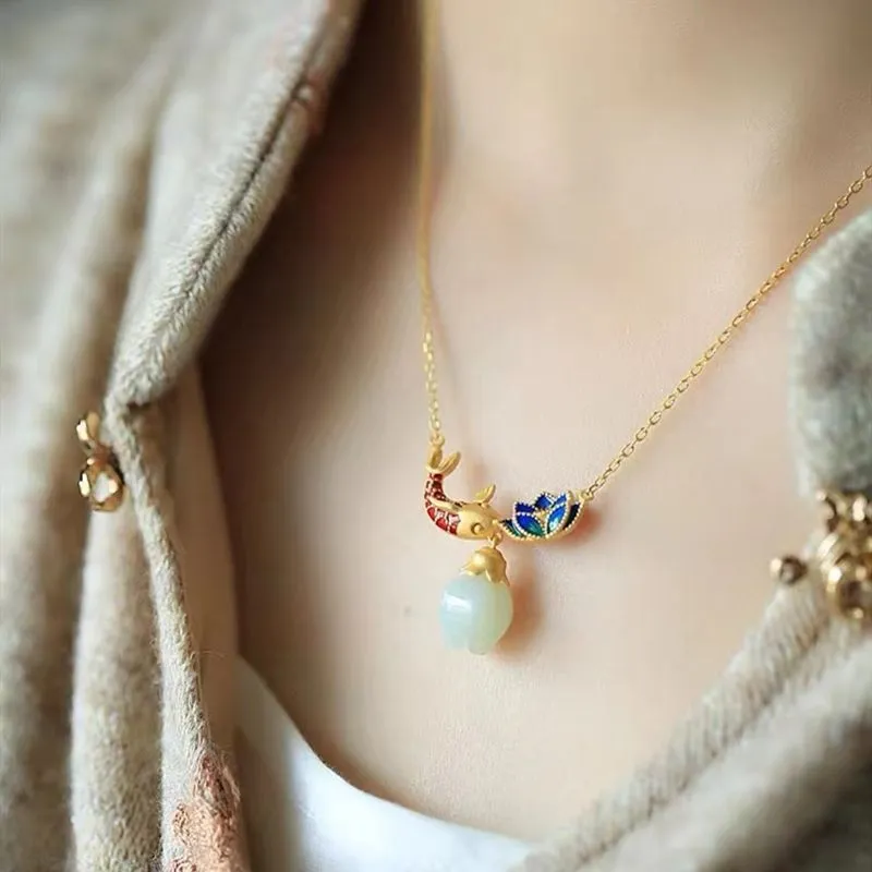 Natural hotan jade necklaces enamel fish-shaped lotus ancient gold craft pendant