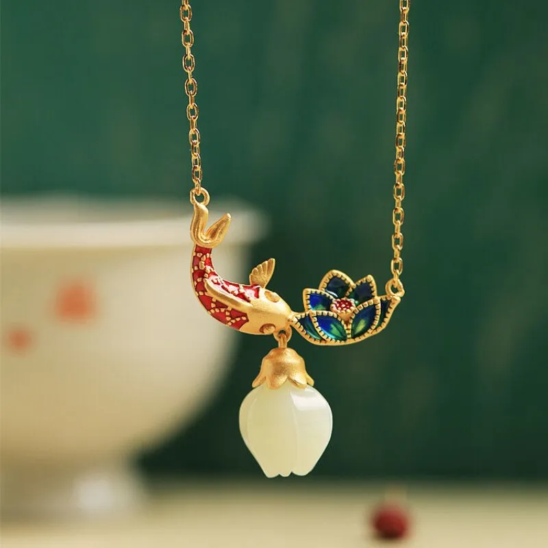 Natural hotan jade necklaces enamel fish-shaped lotus ancient gold craft pendant