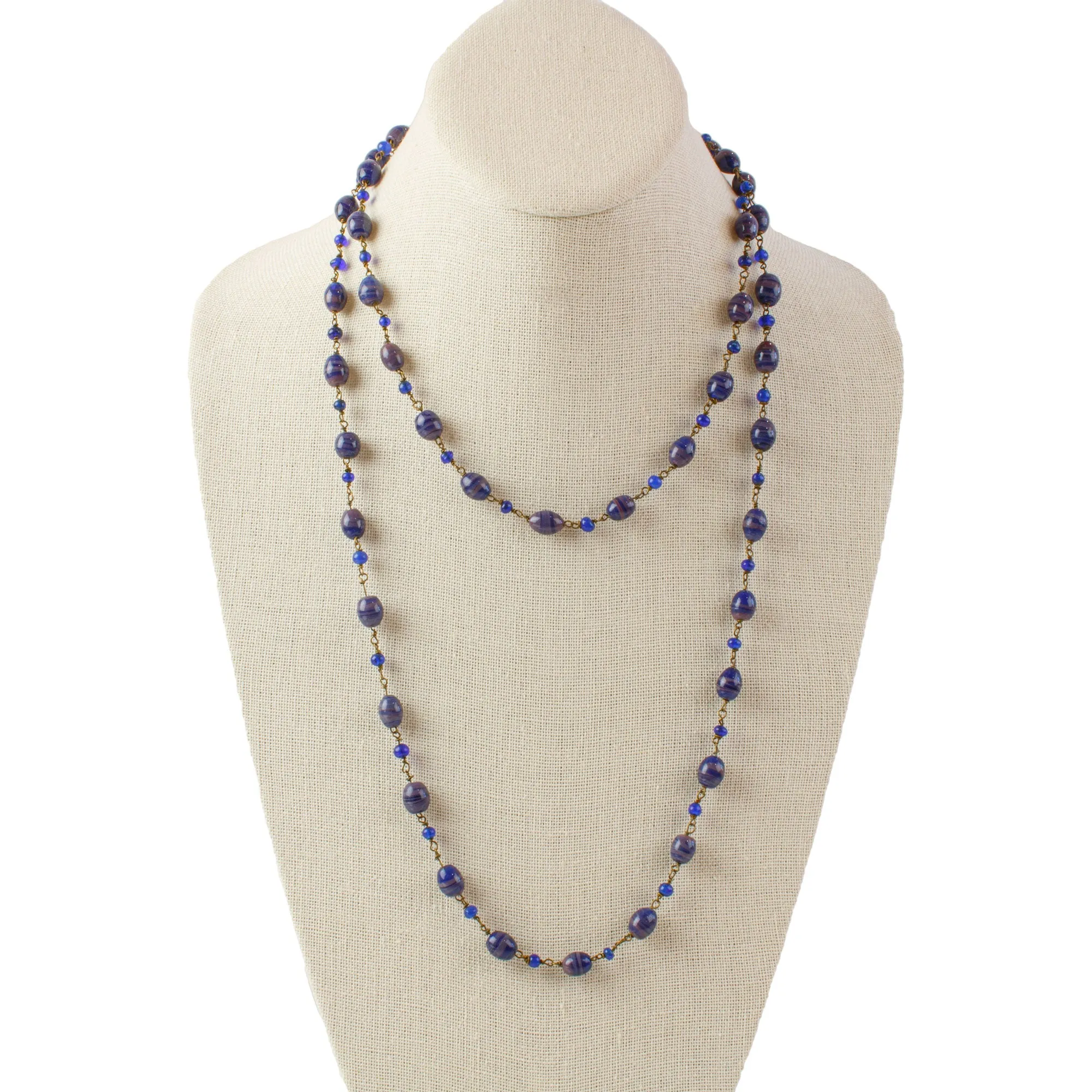 Necklace of wired handmade beads in bicolor swirls.  42". Czechoslovakia 1930s. j-nlbg2213