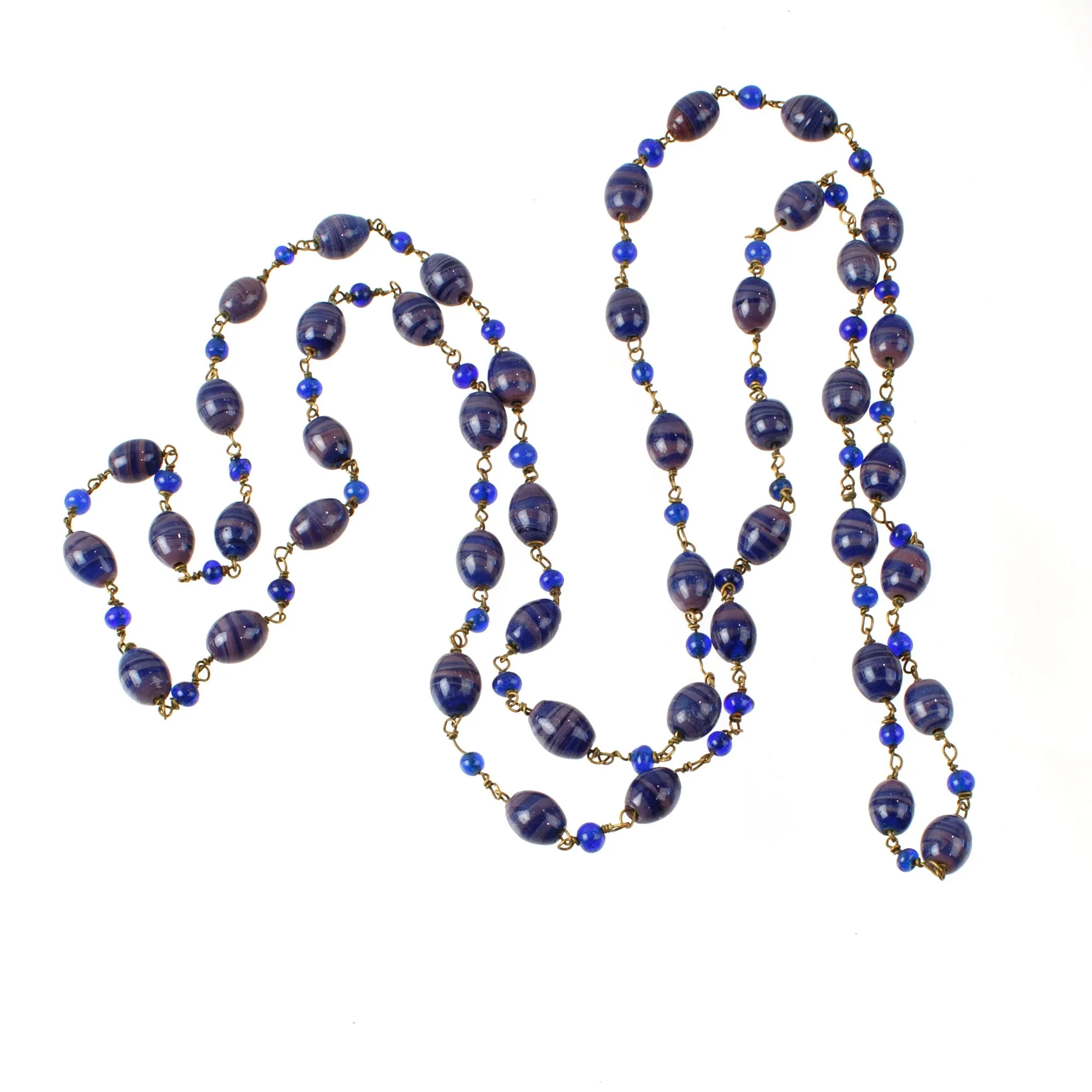 Necklace of wired handmade beads in bicolor swirls.  42". Czechoslovakia 1930s. j-nlbg2213