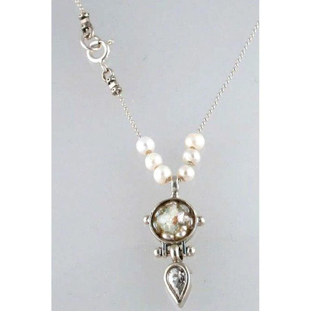 Necklace Sterling silver Sterling Silver Necklace Roman Glass, Pearls, CZ Crystal, Israeli Jewelry