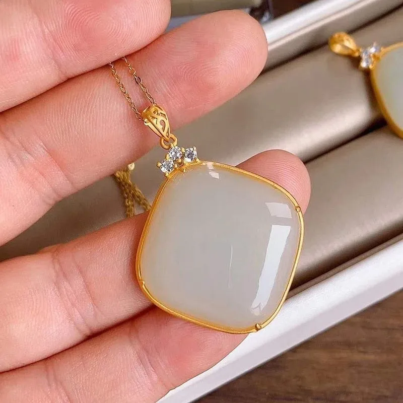 New inlaid natural Hetian white chalcedony geometric pendant necklace