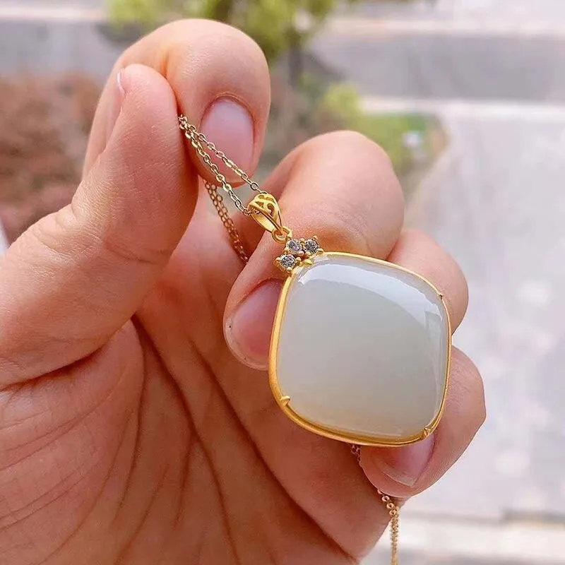 New inlaid natural Hetian white chalcedony geometric pendant necklace