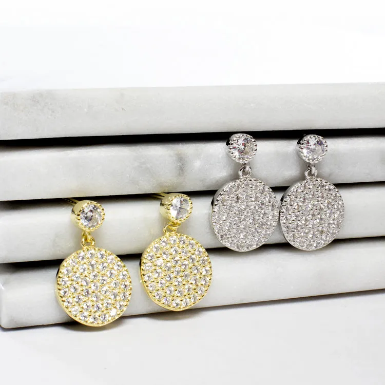 Pave CZ Disc Dangling Earrings - Gold or Silver