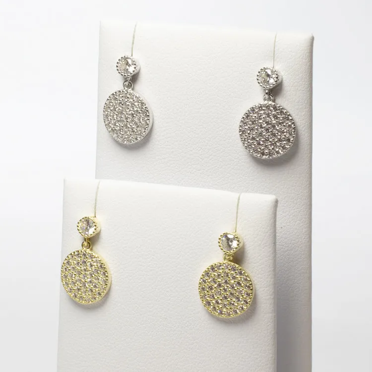 Pave CZ Disc Dangling Earrings - Gold or Silver