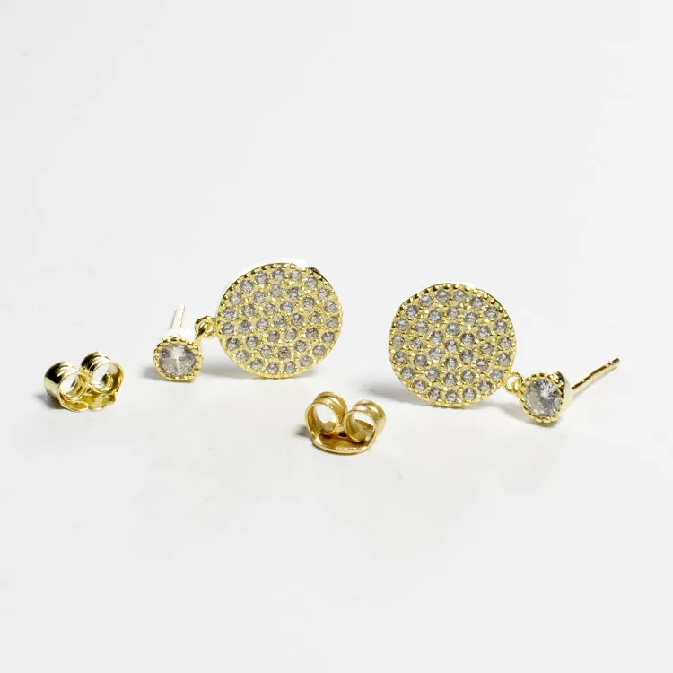 Pave CZ Disc Dangling Earrings - Gold or Silver