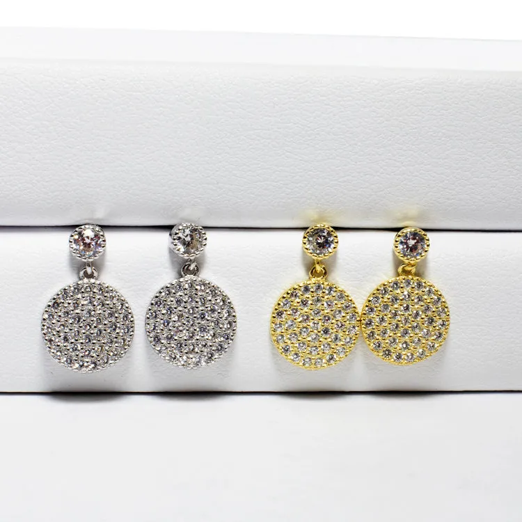 Pave CZ Disc Dangling Earrings - Gold or Silver