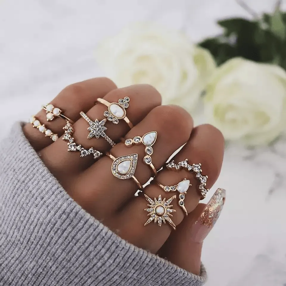 Pinapes Fashion Non Precious Base Metal Boho Midi Finger Ring for Girls – Set of 10