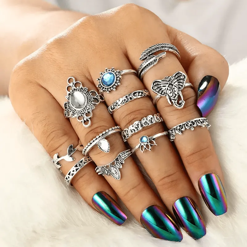 Pinapes Fashion Non Precious Base Metal Boho Midi Finger Ring for Girls – Set of 12