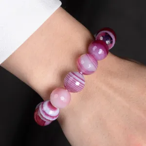 Pink Agate Faceted Natural 14mm Gemstone Bead Elastic Bracelet