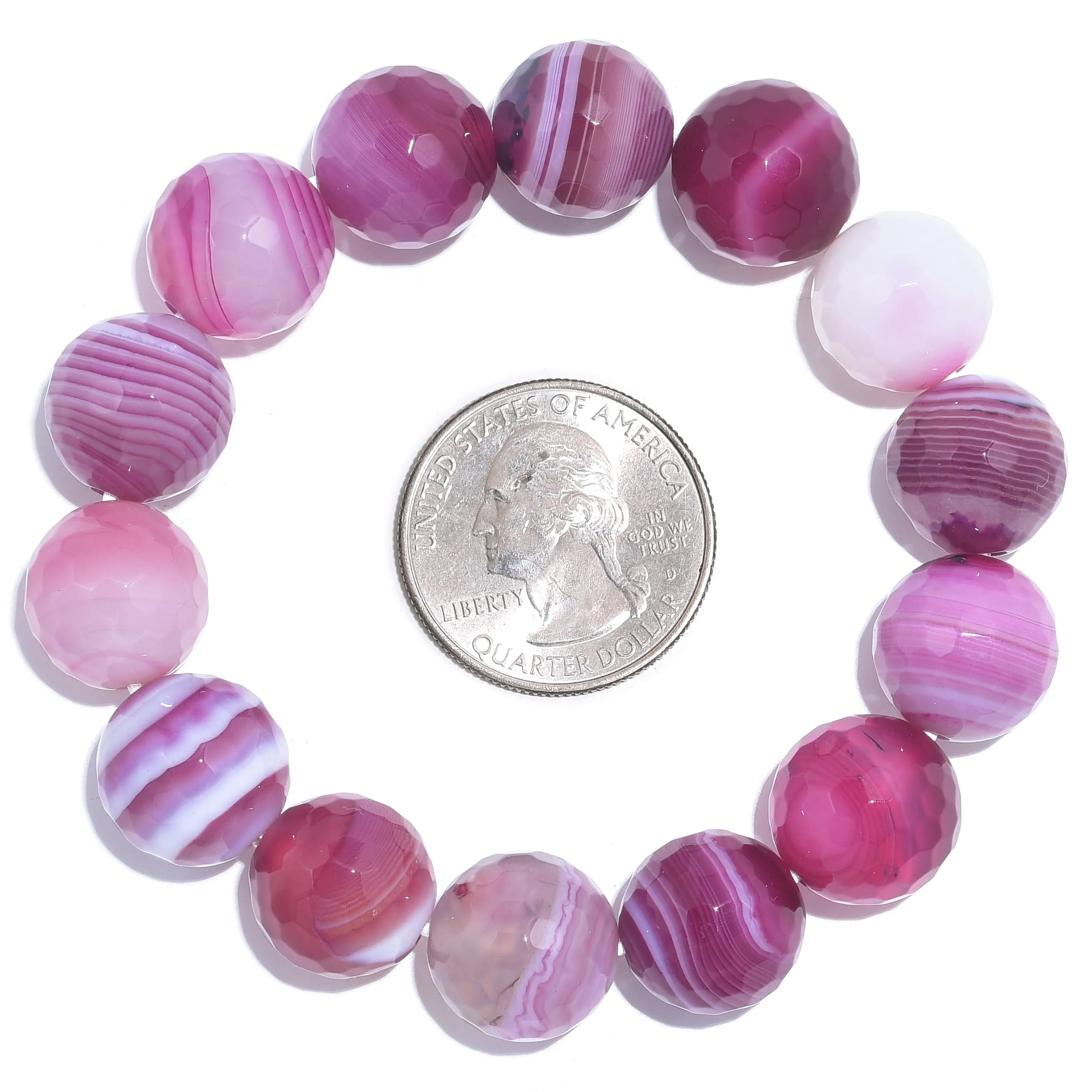 Pink Agate Faceted Natural 14mm Gemstone Bead Elastic Bracelet