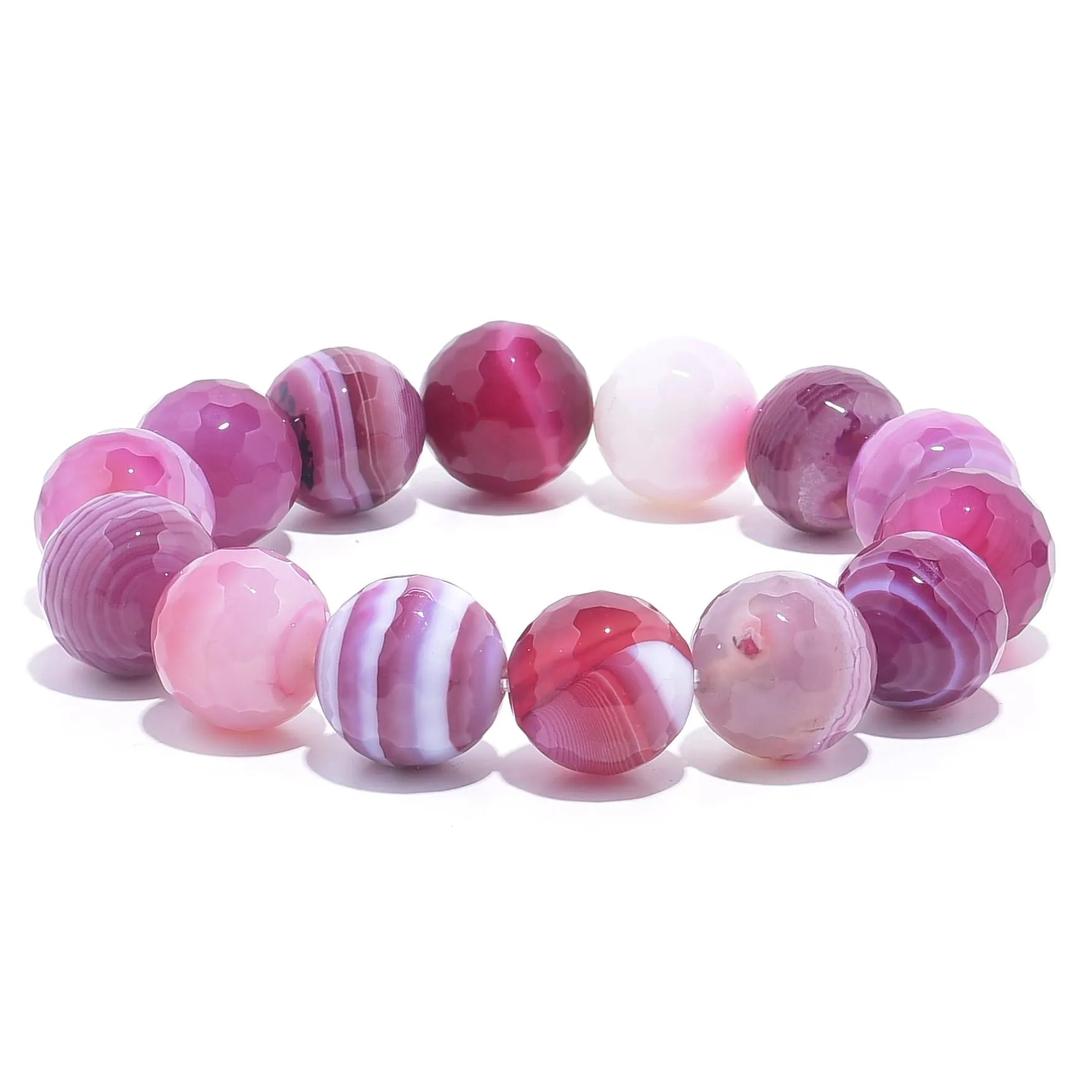 Pink Agate Faceted Natural 14mm Gemstone Bead Elastic Bracelet