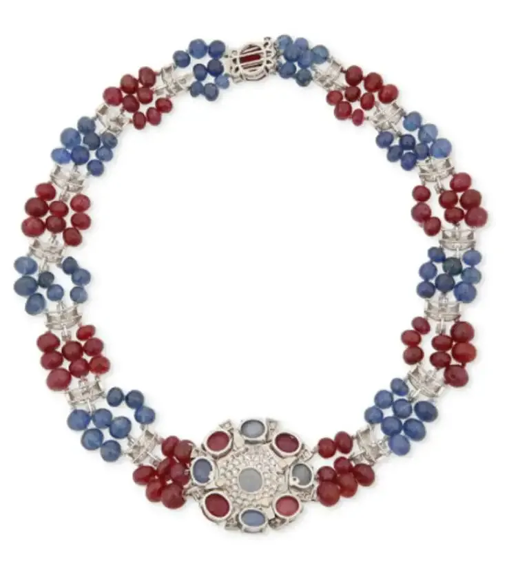 Retro Sapphire, Ruby and Diamond Necklace Platinum Circa 1950's