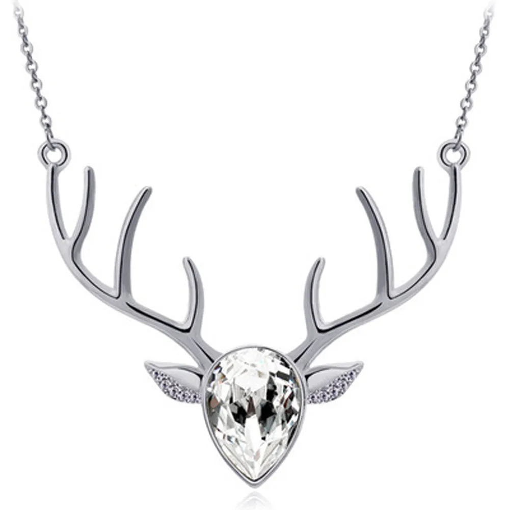 Rhinestone Crystal Deer Head Antler Pendant Necklace