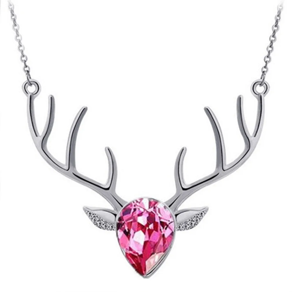 Rhinestone Crystal Deer Head Antler Pendant Necklace