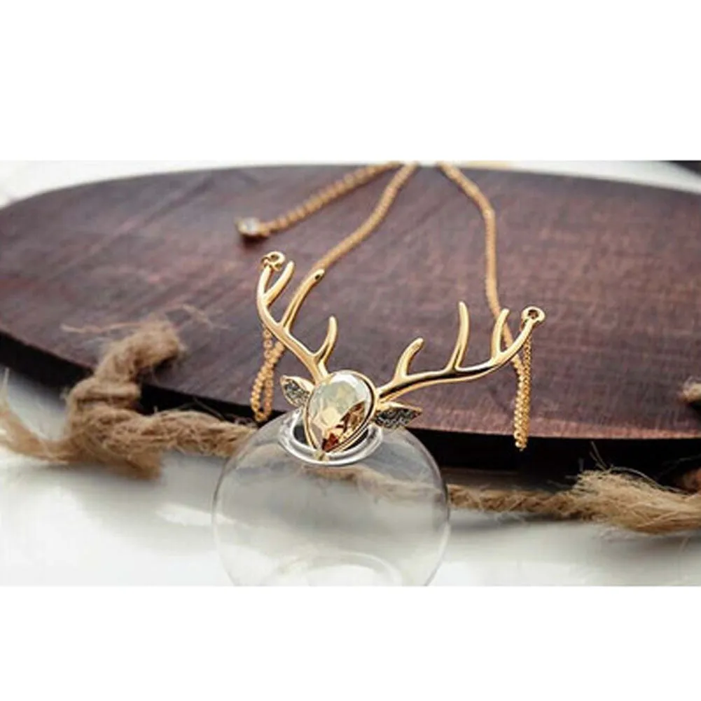 Rhinestone Crystal Deer Head Antler Pendant Necklace