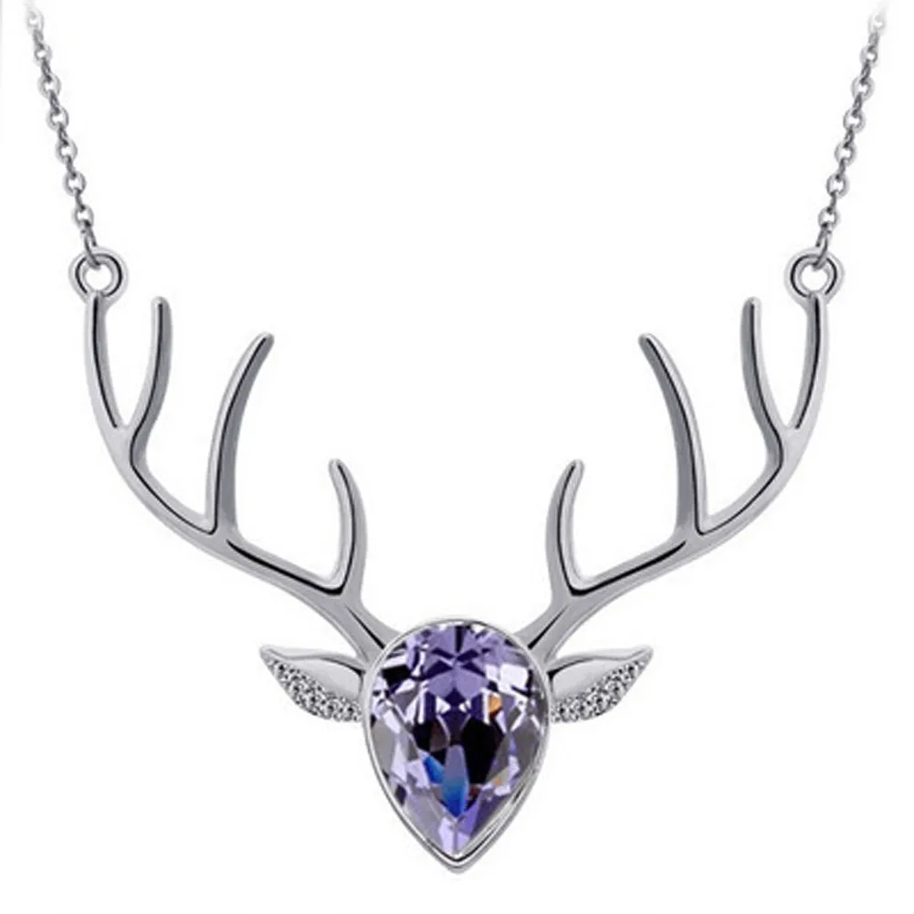 Rhinestone Crystal Deer Head Antler Pendant Necklace