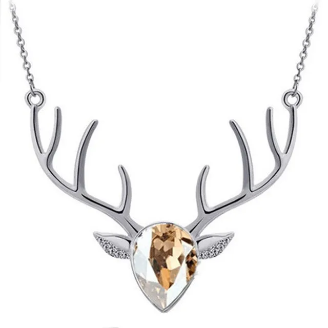 Rhinestone Crystal Deer Head Antler Pendant Necklace