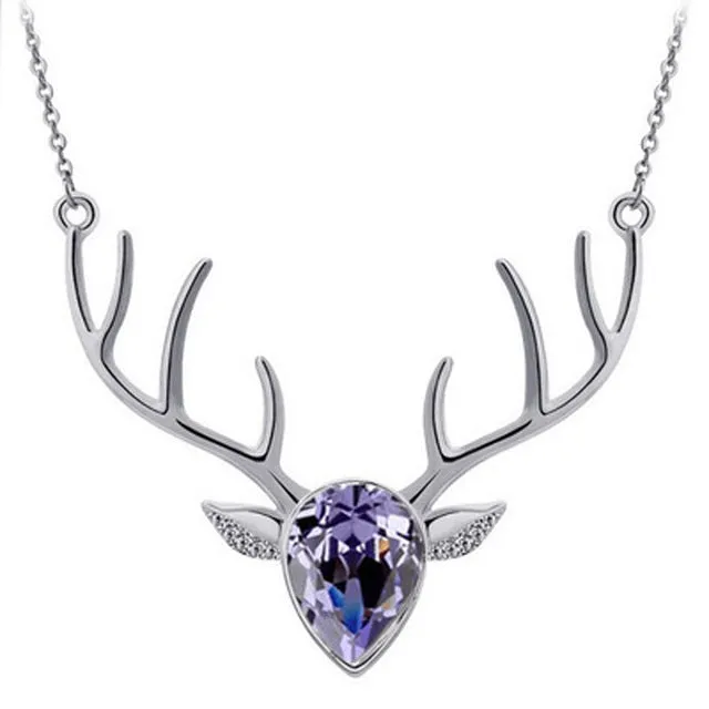 Rhinestone Crystal Deer Head Antler Pendant Necklace