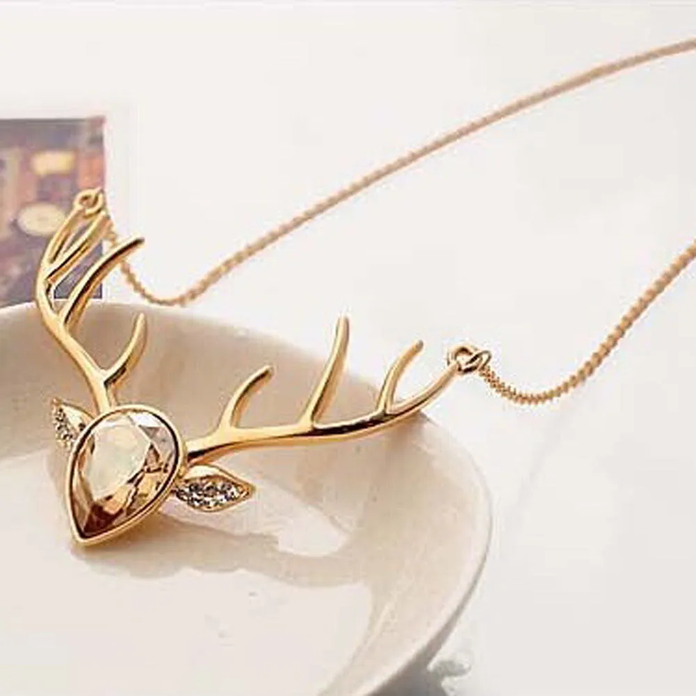 Rhinestone Crystal Deer Head Antler Pendant Necklace