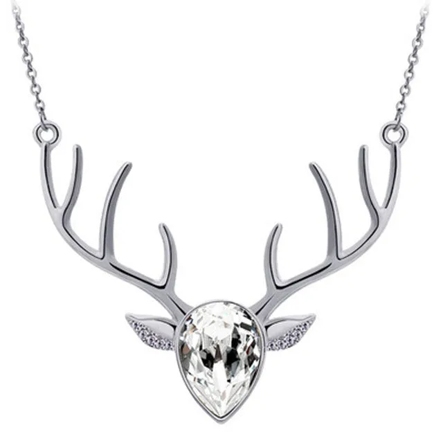 Rhinestone Crystal Deer Head Antler Pendant Necklace