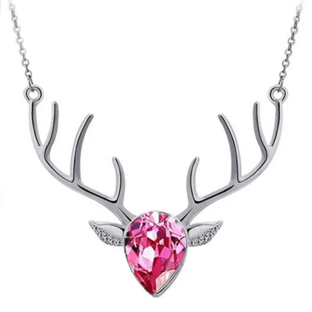Rhinestone Crystal Deer Head Antler Pendant Necklace