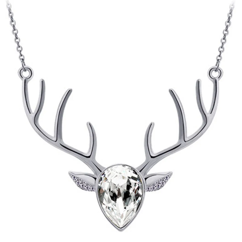 Rhinestone Crystal Deer Head Antler Pendant Necklace