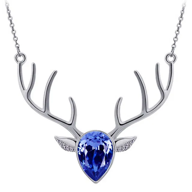 Rhinestone Crystal Deer Head Antler Pendant Necklace