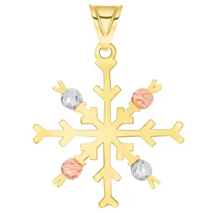 Solid 14k Tri-Color Gold High Polish Snowflake with Textured Beads Pendant