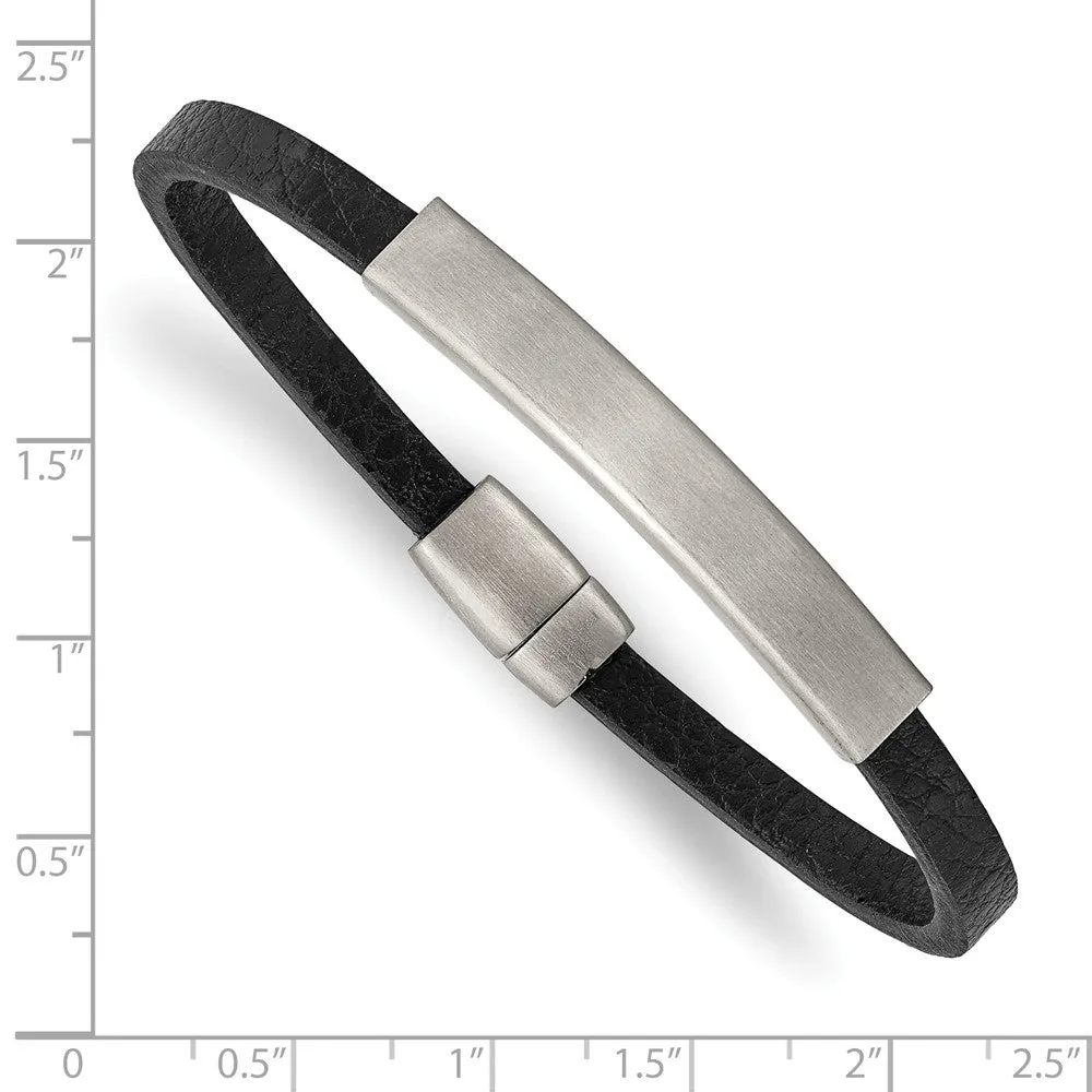 Stainless Steel Brushed Textured Black PU Leather 8.25in ID Bracelet