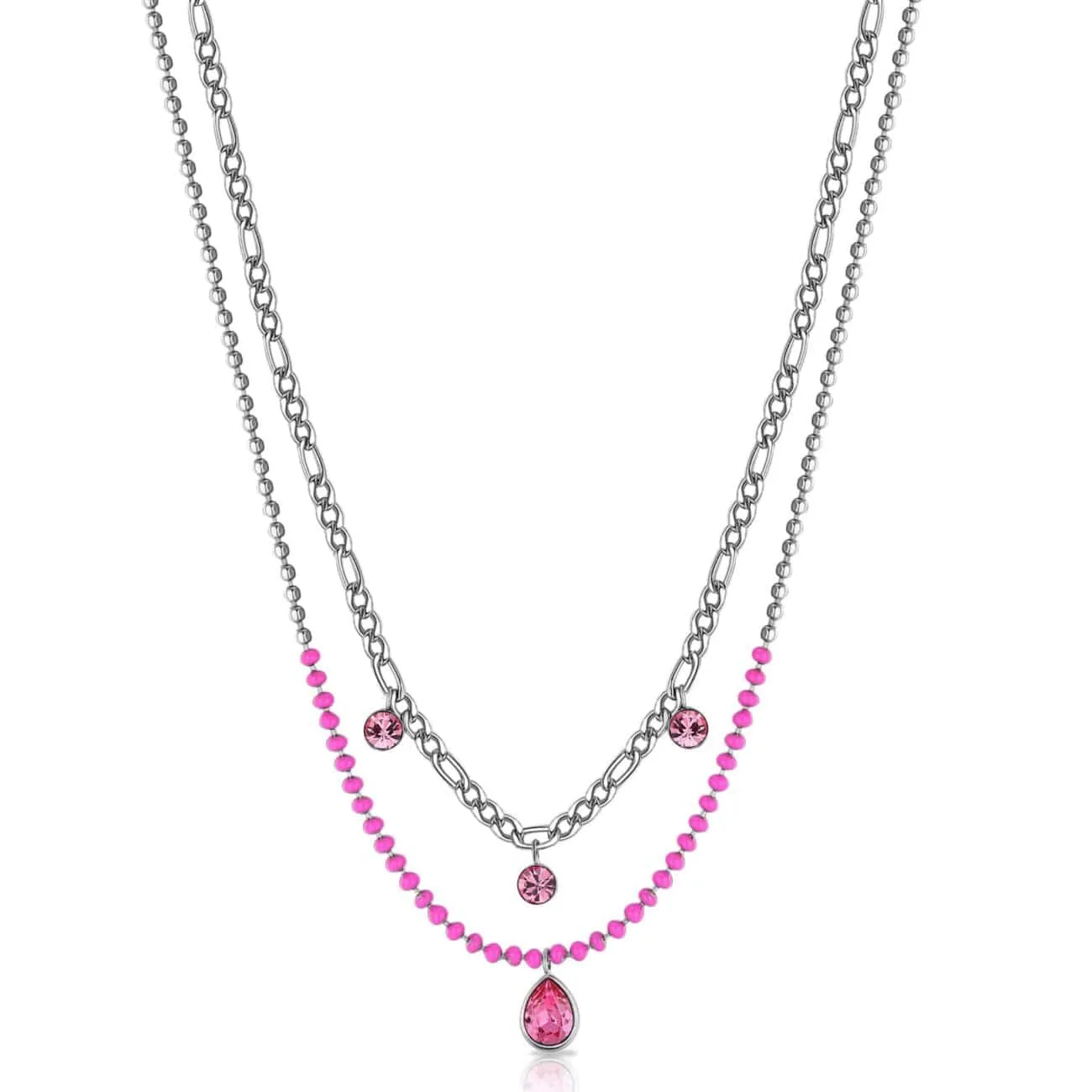 Stainless Steel Double Necklace with Fuchsia Enamel & Light Rose Crystals