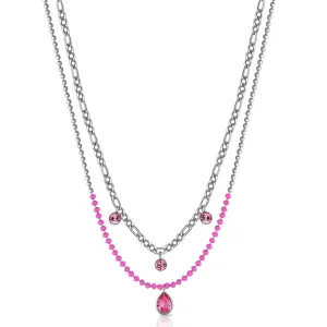 Stainless Steel Double Necklace with Fuchsia Enamel & Light Rose Crystals