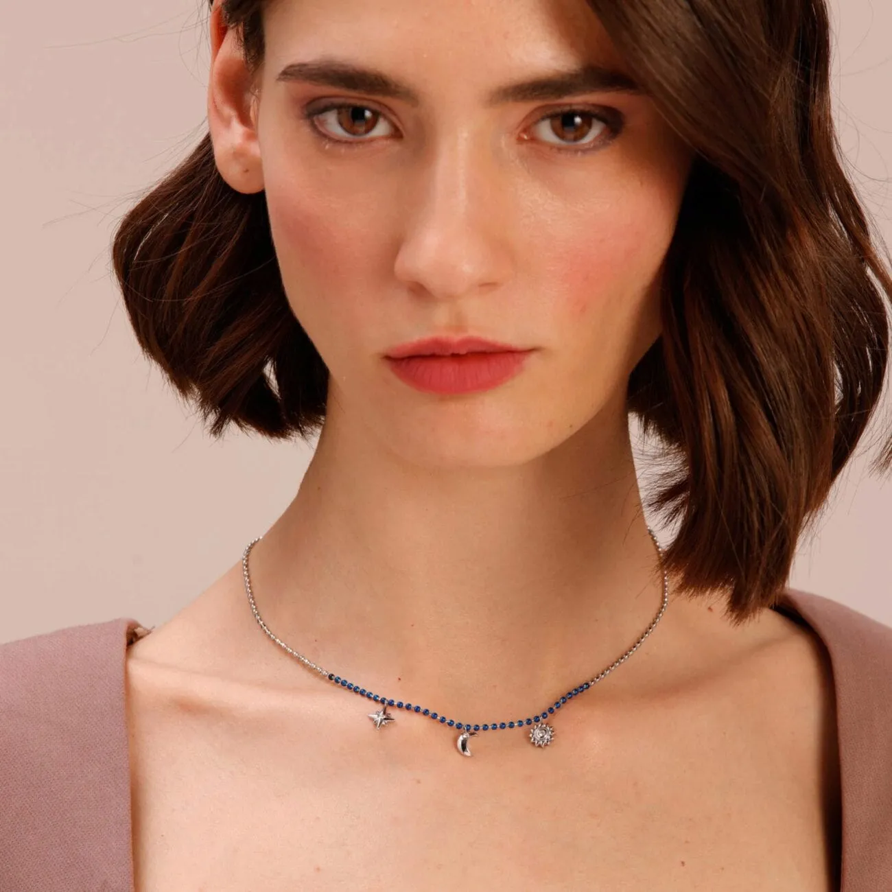 Stainless Steel Necklace with Blue Enamel and Charms