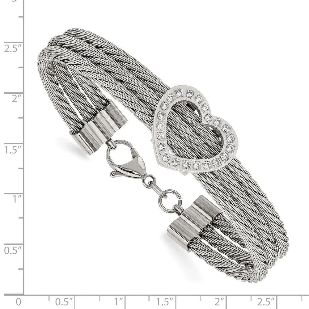 Stainless Steel Polished Heart w/ CZ Bracelet