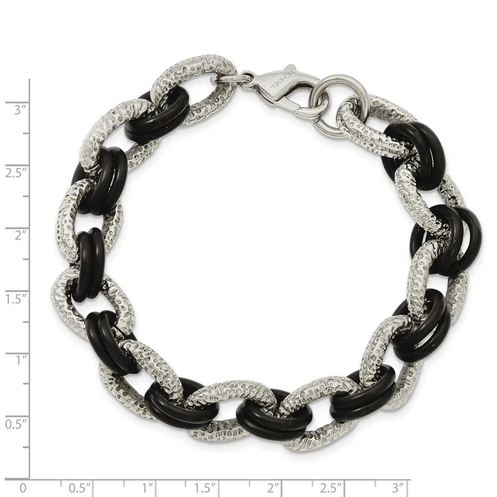 Stainless Steel Textured & Black Rubber 9in Bracelet