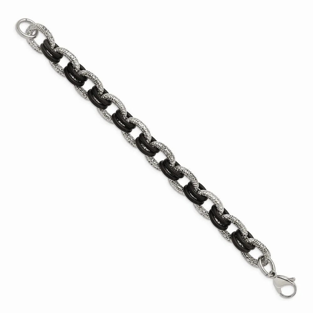 Stainless Steel Textured & Black Rubber 9in Bracelet