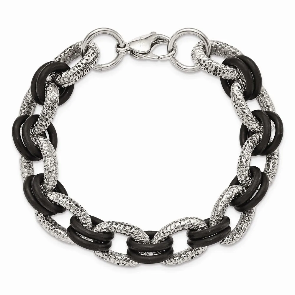 Stainless Steel Textured & Black Rubber 9in Bracelet