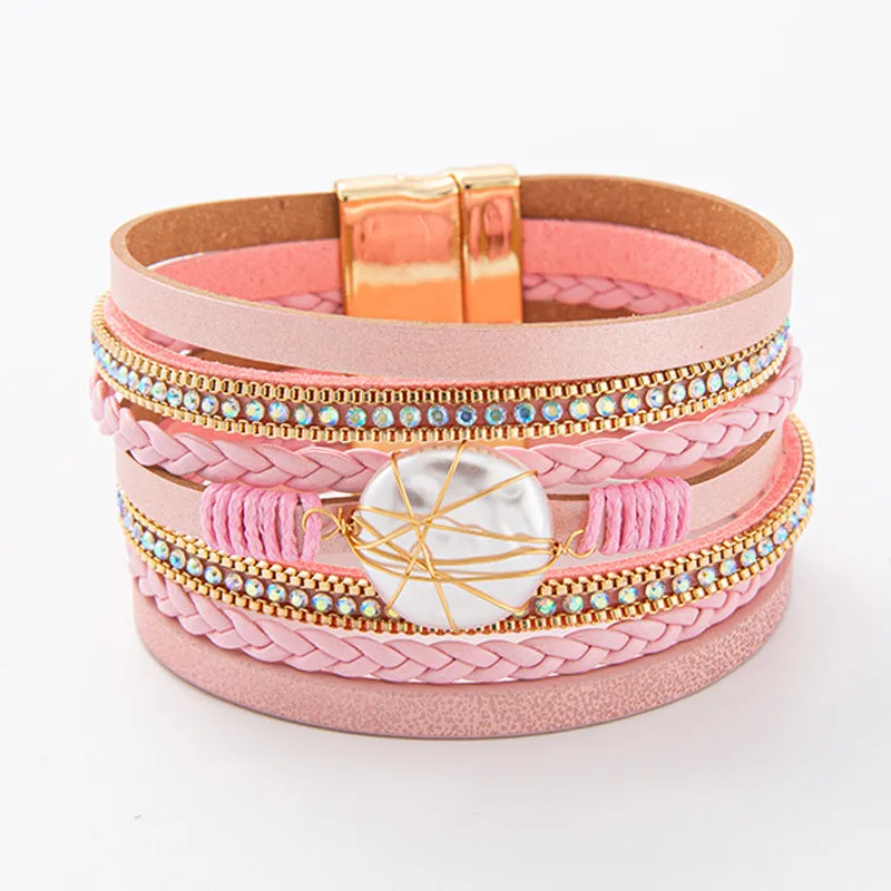 Wholesale Baroque Freshwater Pearl Braided Multi-Layered Leather Bracelet