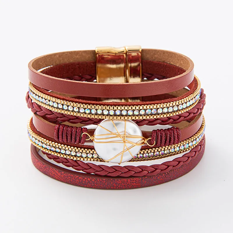 Wholesale Baroque Freshwater Pearl Braided Multi-Layered Leather Bracelet
