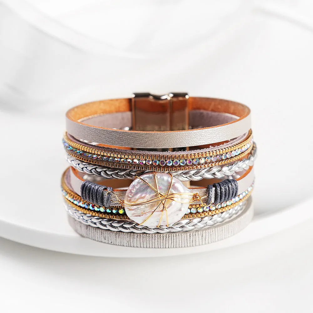 Wholesale Baroque Freshwater Pearl Braided Multi-Layered Leather Bracelet