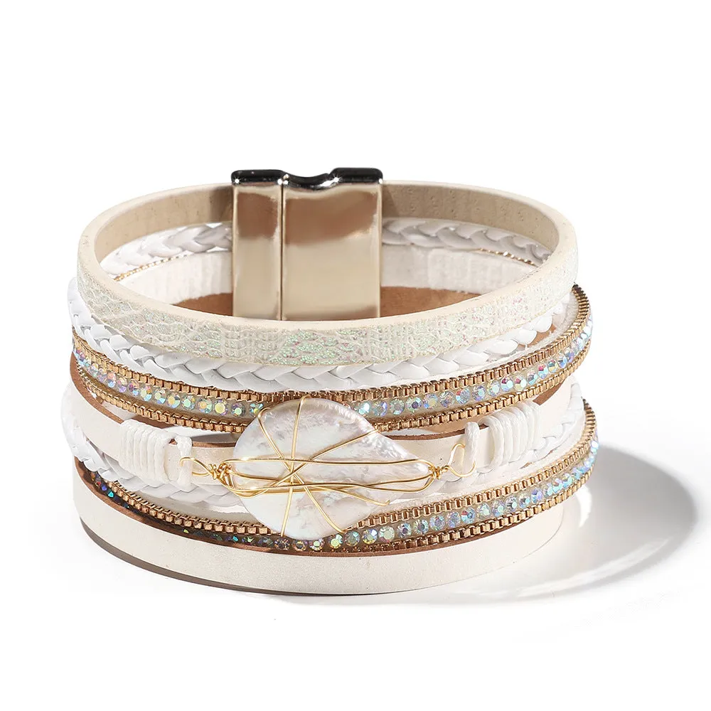 Wholesale Baroque Freshwater Pearl Braided Multi-Layered Leather Bracelet