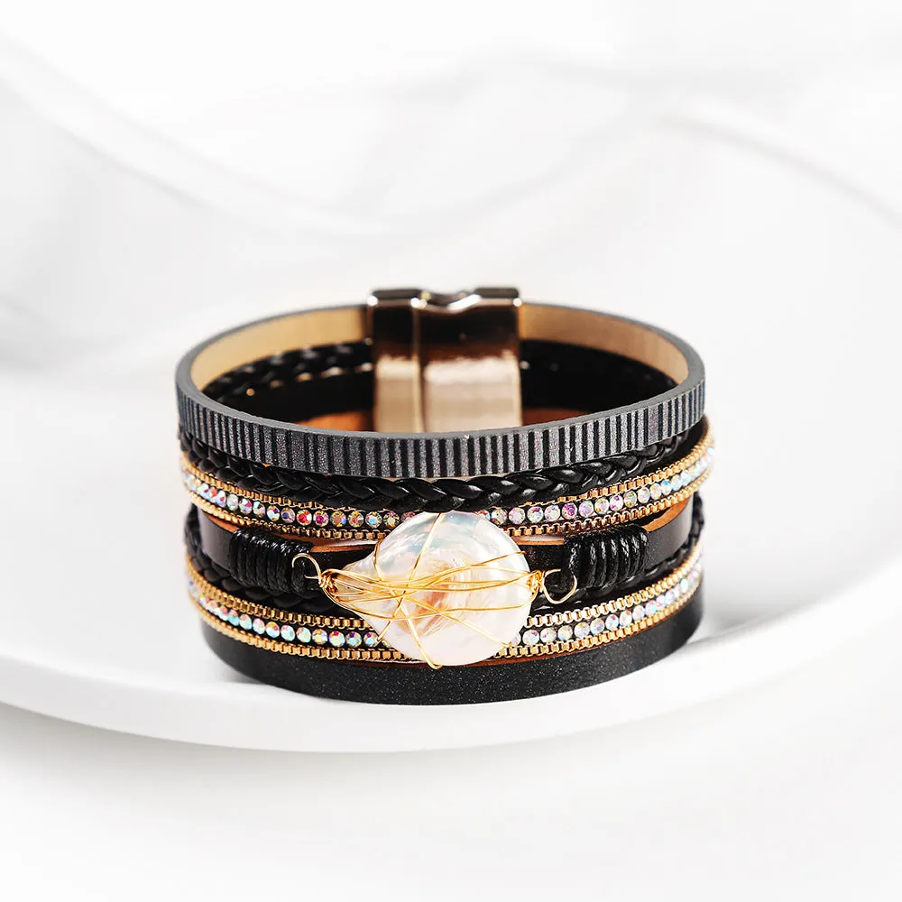 Wholesale Baroque Freshwater Pearl Braided Multi-Layered Leather Bracelet