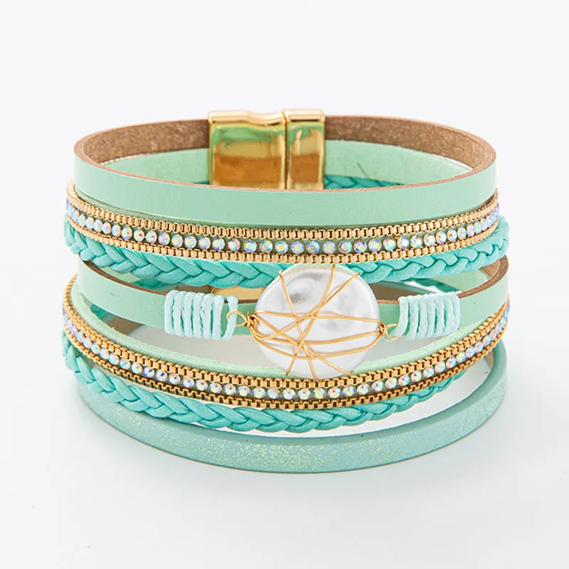 Wholesale Baroque Freshwater Pearl Braided Multi-Layered Leather Bracelet