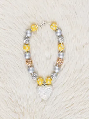 Yellow & Silver Heart Charm Bubblegum Necklace